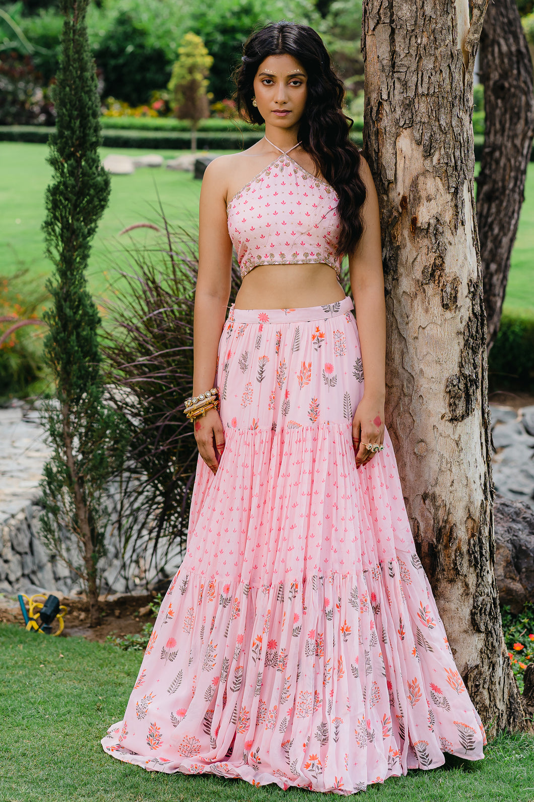 Blush Pink Floral Printed Embroidered Crop-Top & Flared Skirt Set