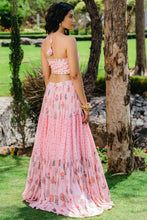Load image into Gallery viewer, Blush Pink Floral Printed Embroidered Crop-Top &amp; Flared Skirt Set
