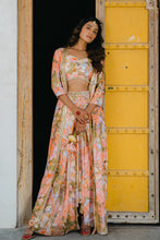 Load image into Gallery viewer, Coral Peach Printed &amp; Embroidered Long Jacket &amp; Skirt Set
