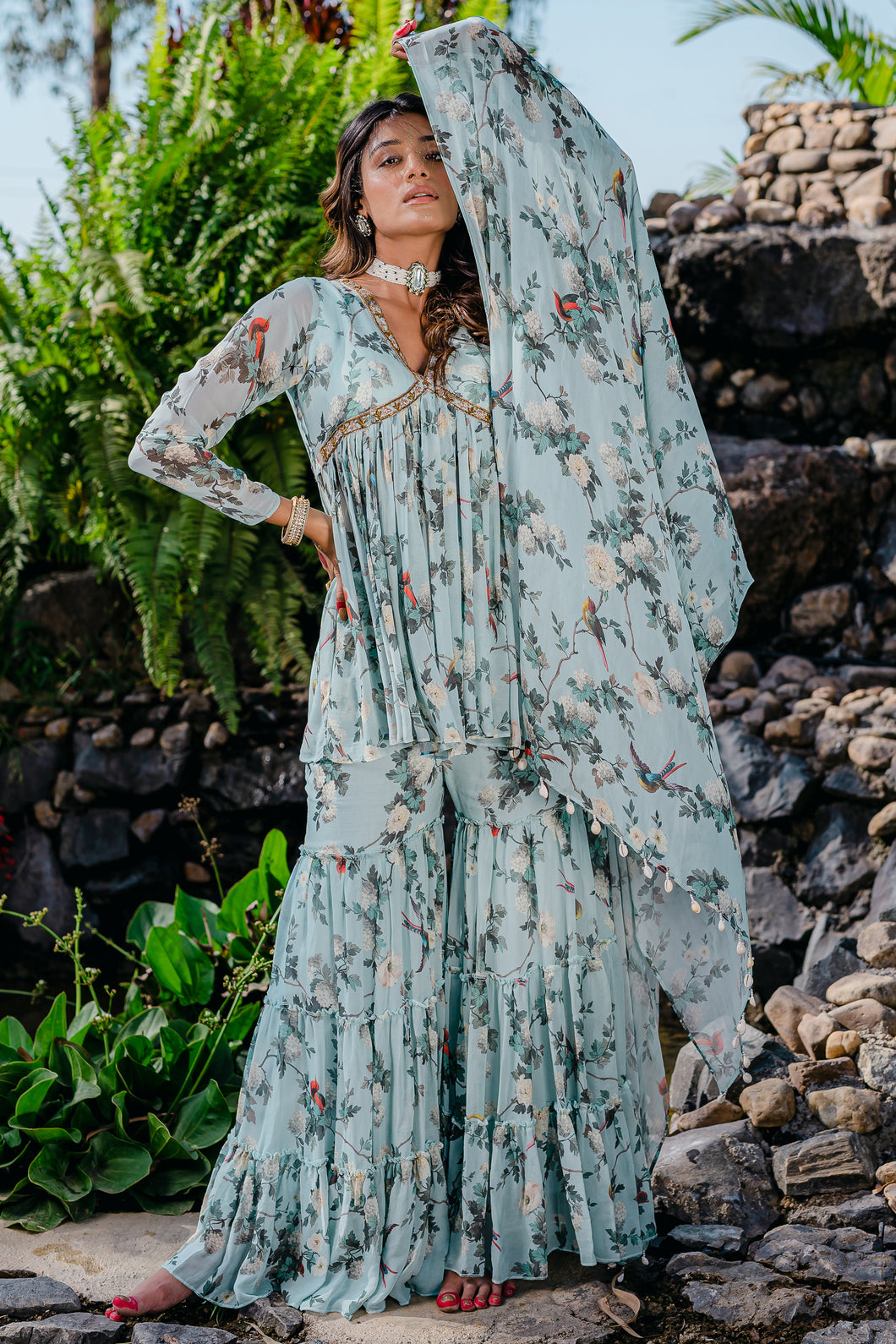 Powder Blue Printed & Embroidered Sharara Set