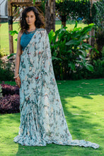 Load image into Gallery viewer, Powder Blue Printed &amp; Embroidered Drape Saree Set
