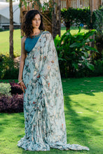 Load image into Gallery viewer, Powder Blue Printed &amp; Embroidered Drape Saree Set
