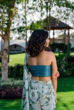 Load image into Gallery viewer, Powder Blue Printed &amp; Embroidered Drape Saree Set
