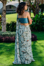 Load image into Gallery viewer, Powder Blue Printed &amp; Embroidered Drape Saree Set
