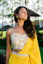 Load image into Gallery viewer, Yellow Embroidered Drape Saree Set with Belt
