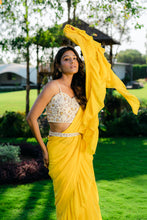 Load image into Gallery viewer, Yellow Embroidered Drape Saree Set with Belt
