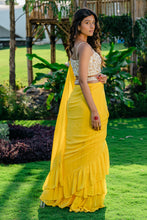 Load image into Gallery viewer, Yellow Embroidered Drape Saree Set with Belt

