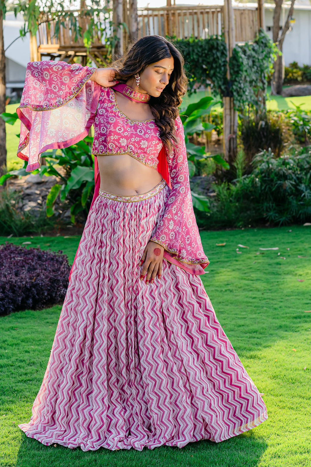 Mauve Printed & Embroidered Lehenga Set