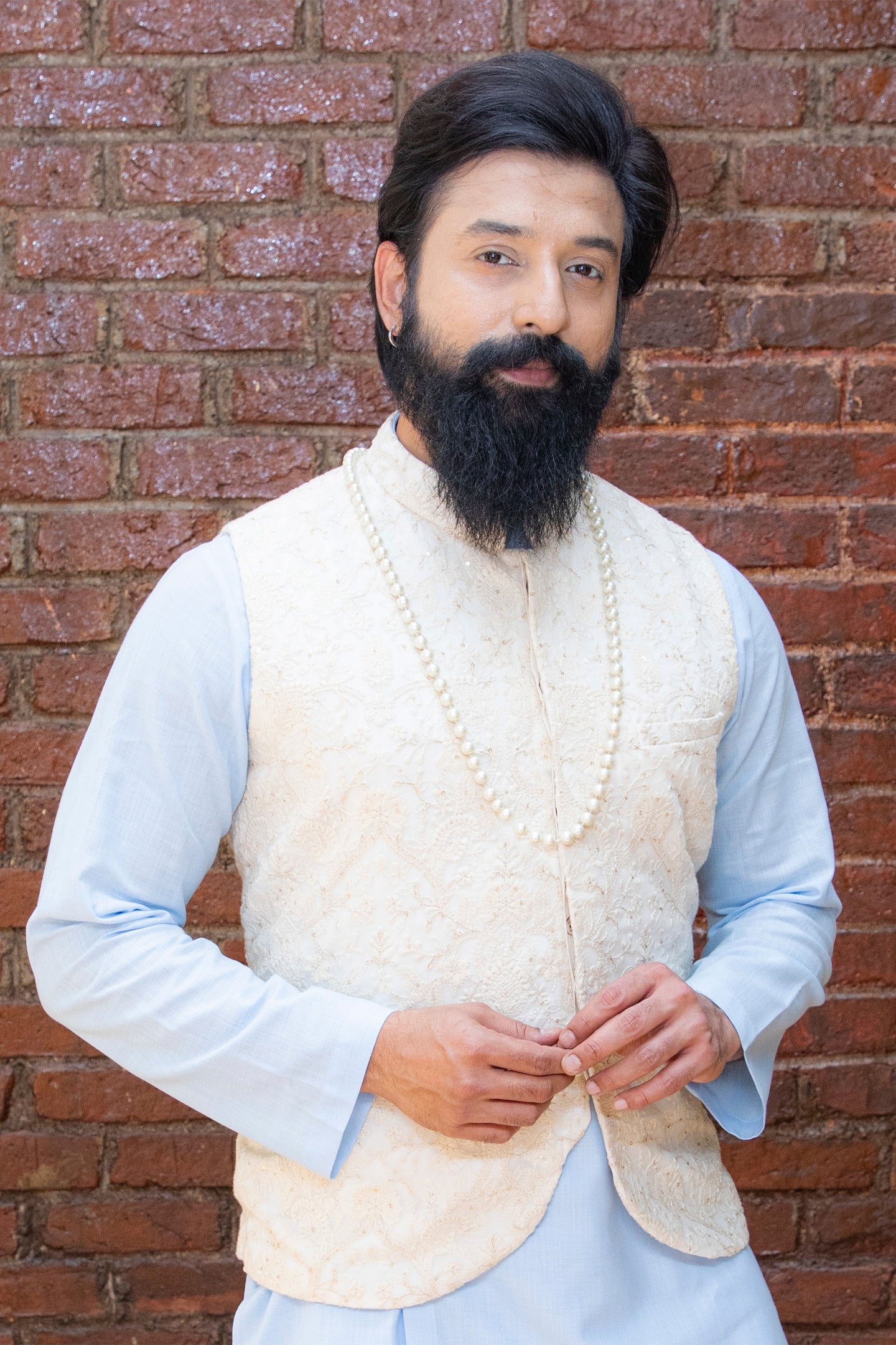 Sky Blue Kurta and Pant set with Yellow Vest
