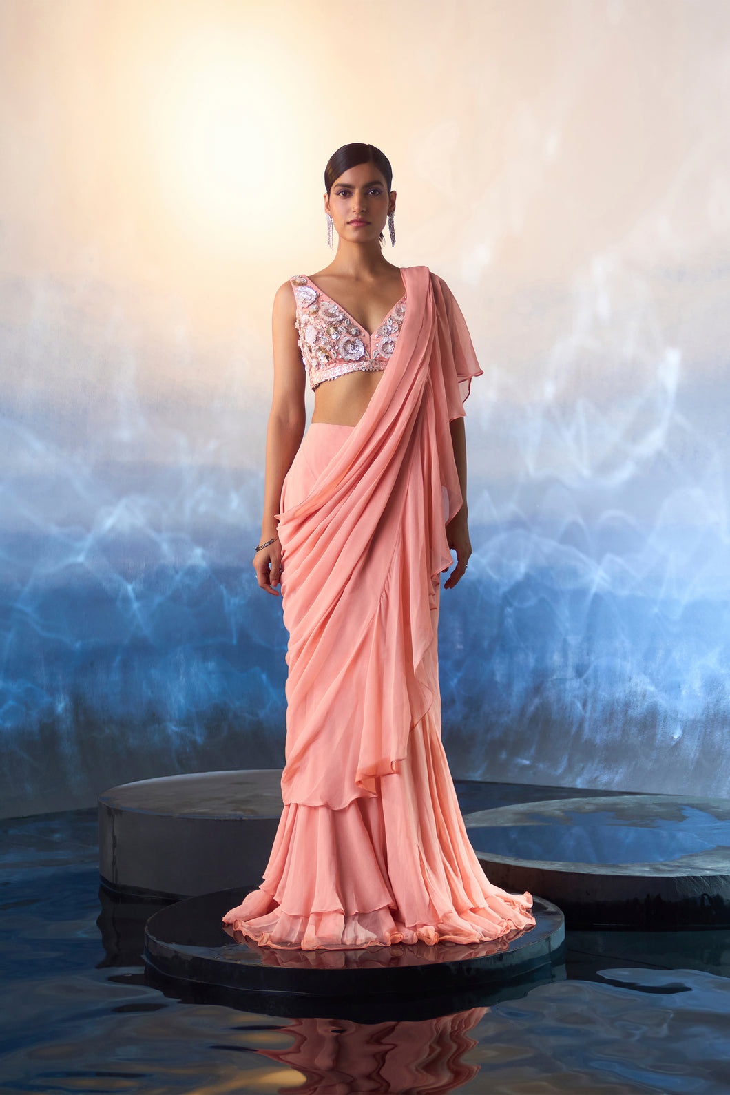 PEACH GEORGETTE DRAPE SAREE