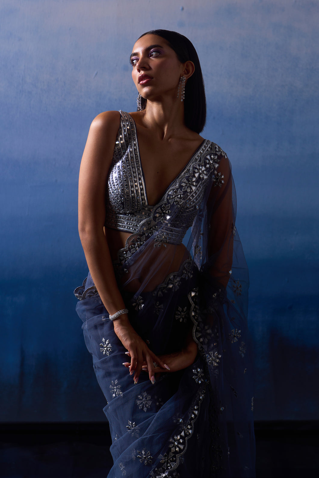 GREY NET SAREE