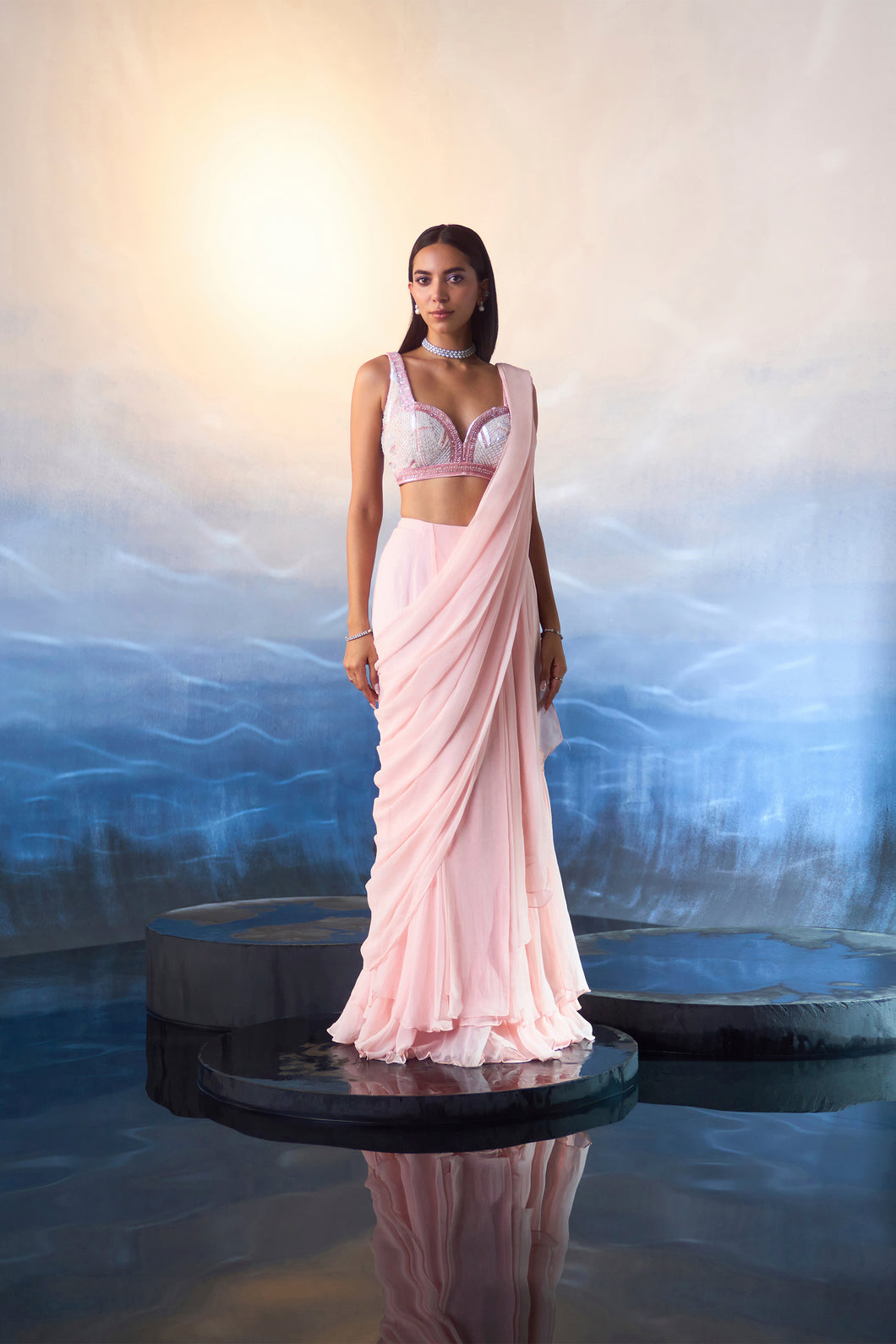 POWDER PINK GEORGETTE DRAPE SAREE