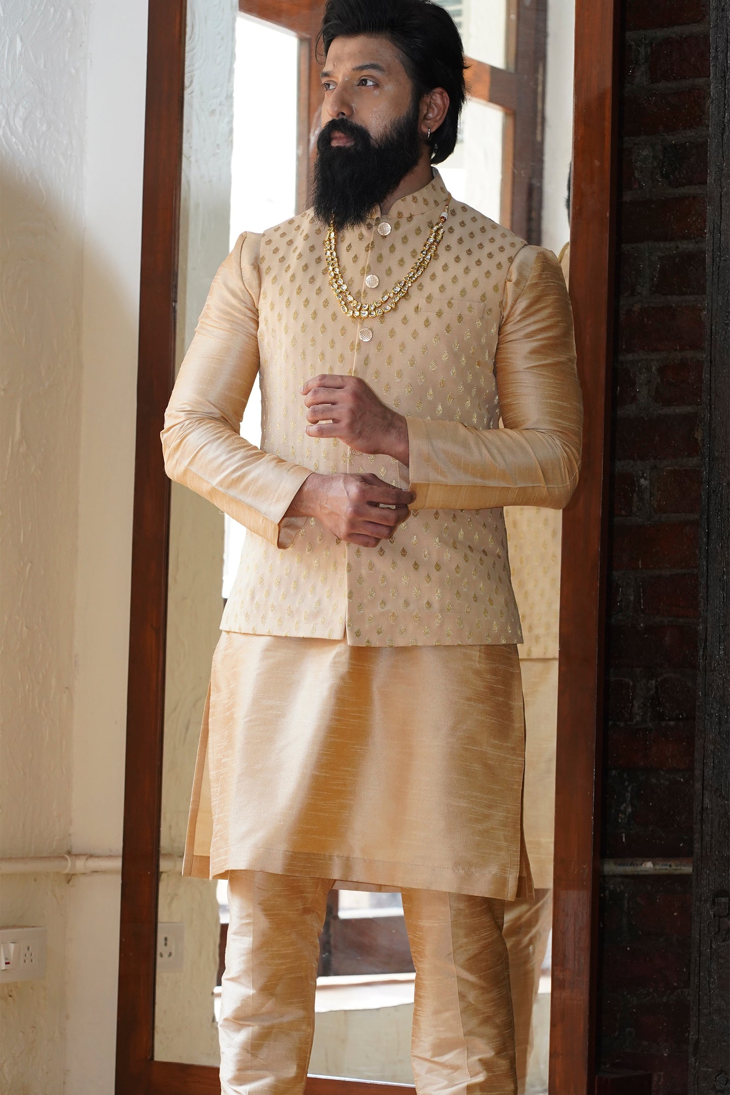 Beige Kurta, Vest and Pant set