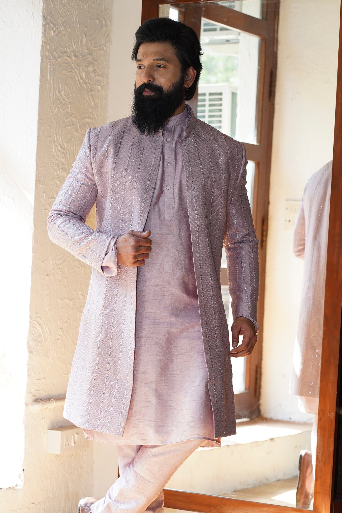 Mauve jacket style sherwani set