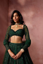 Load image into Gallery viewer, BOTTLE GREEN  NET LEHENGA SET
