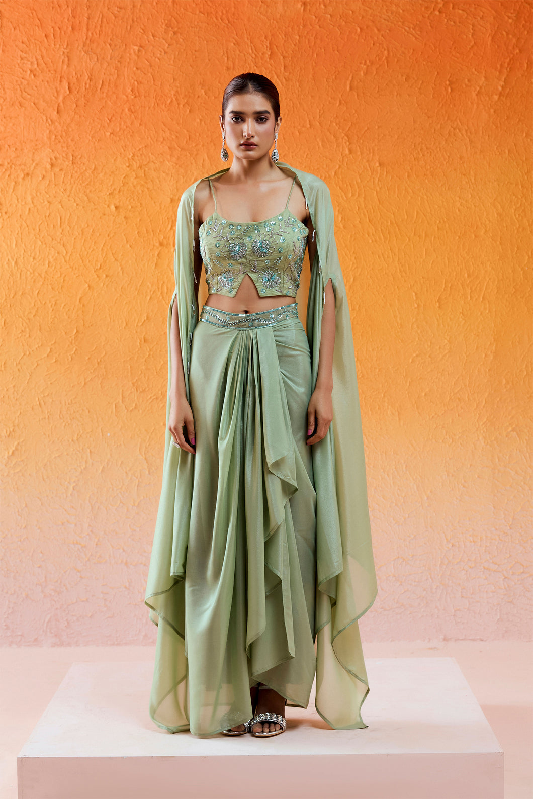 Pista Green Embroidered Drape Skirt Set with Cape