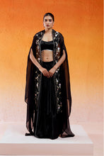 Load image into Gallery viewer, Black Embroidered Drape Skirt Set with Cape
