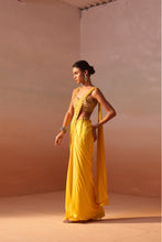 Load image into Gallery viewer, YELLOW DRAPED SAREE WITH NUDE CHOLI
