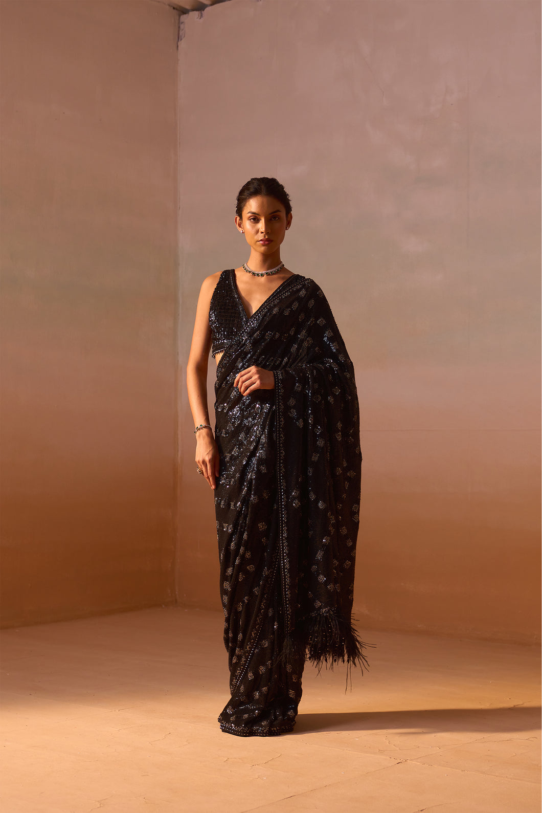 BLACK AND SILVER GREY GEOMETRICAL SAREE