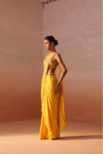 Load image into Gallery viewer, YELLOW DRAPED SAREE WITH NUDE CHOLI
