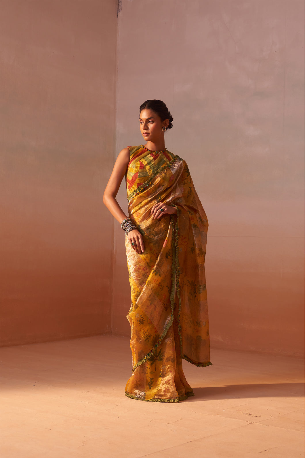 YELLOW PRINTED ORGANZA SAREE