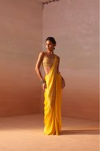 Load image into Gallery viewer, YELLOW DRAPED SAREE WITH NUDE CHOLI
