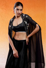 Load image into Gallery viewer, Black Embroidered Drape Skirt Set with Cape
