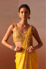 Load image into Gallery viewer, YELLOW DRAPED SAREE WITH NUDE CHOLI
