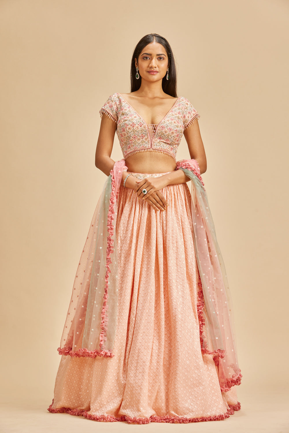 BLUSH PINK GATHERED LEHENGA SET