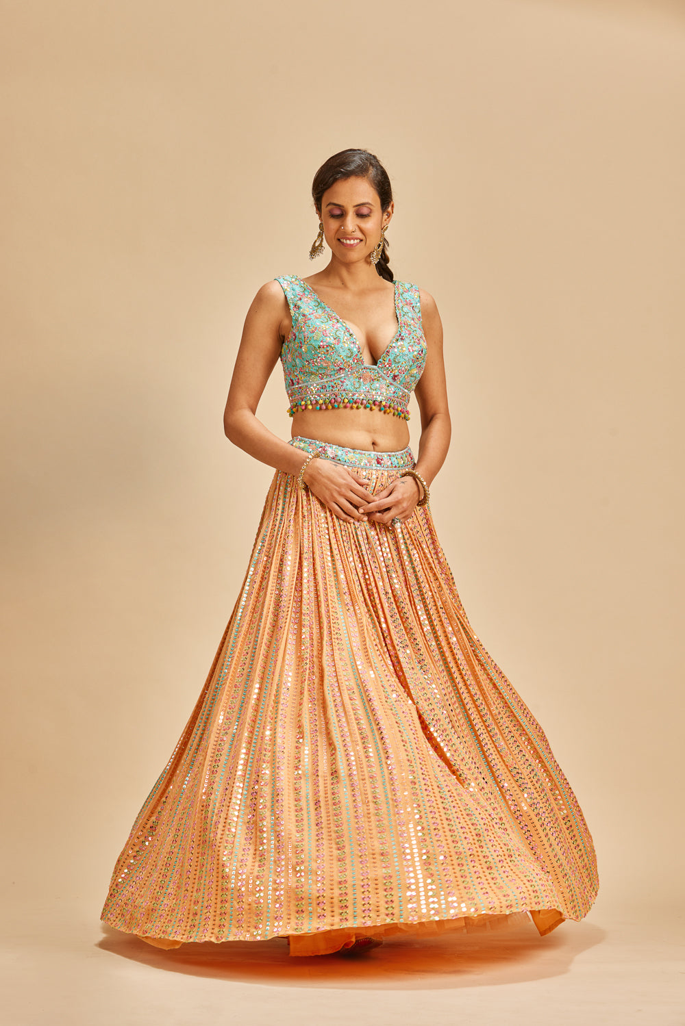 ORANGE PATRA WORK LEHENGA SET