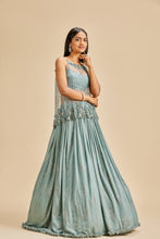 Load image into Gallery viewer, GREY SEQUINS  LEHENGA WITH BUSTIER AND NET TOP
