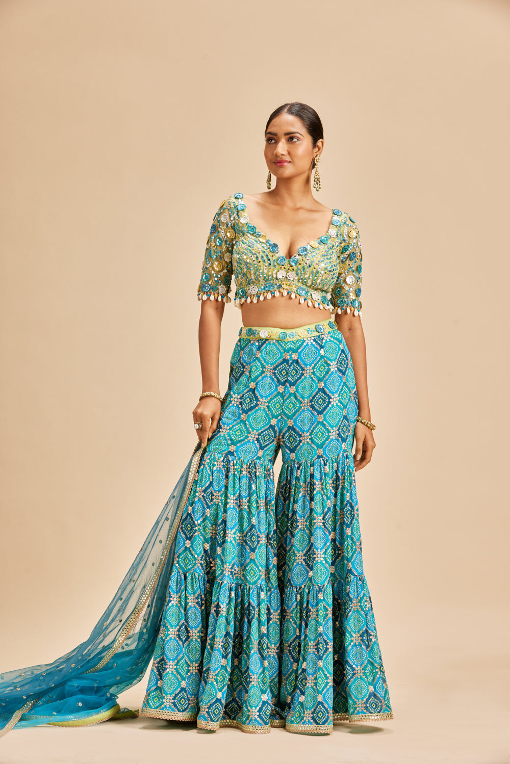 BLUE BADHANI TIERED SHARARA SET