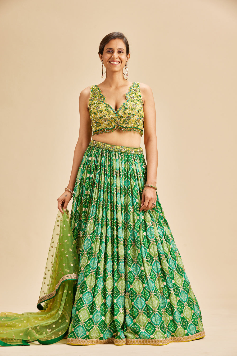 BOTTLE GREEN BADHNI LEHENGA SET