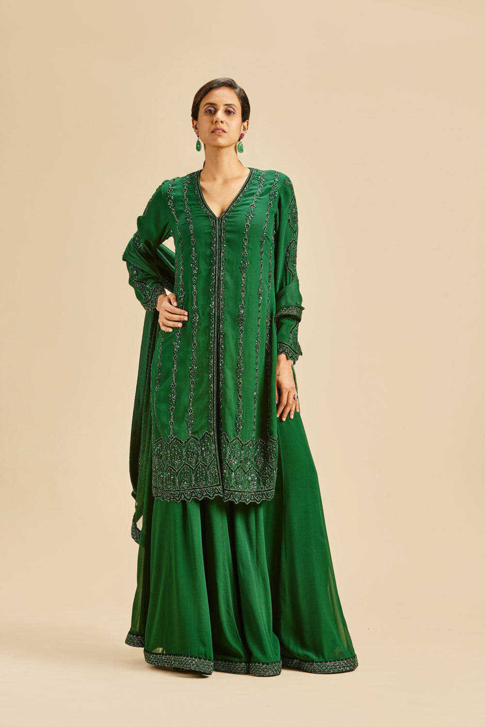 BOTTLE GREEN VELVET APPLIQUE SHARARA SET