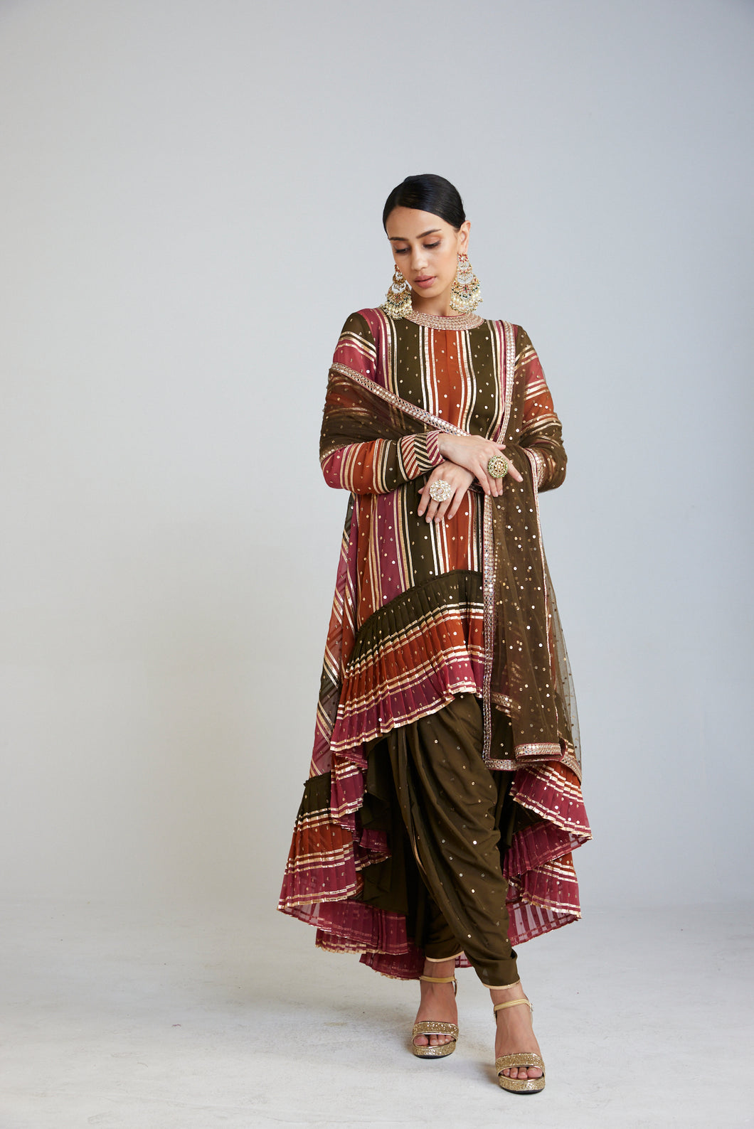 Olive Green Round Neck Asymmetrical Kurta Set