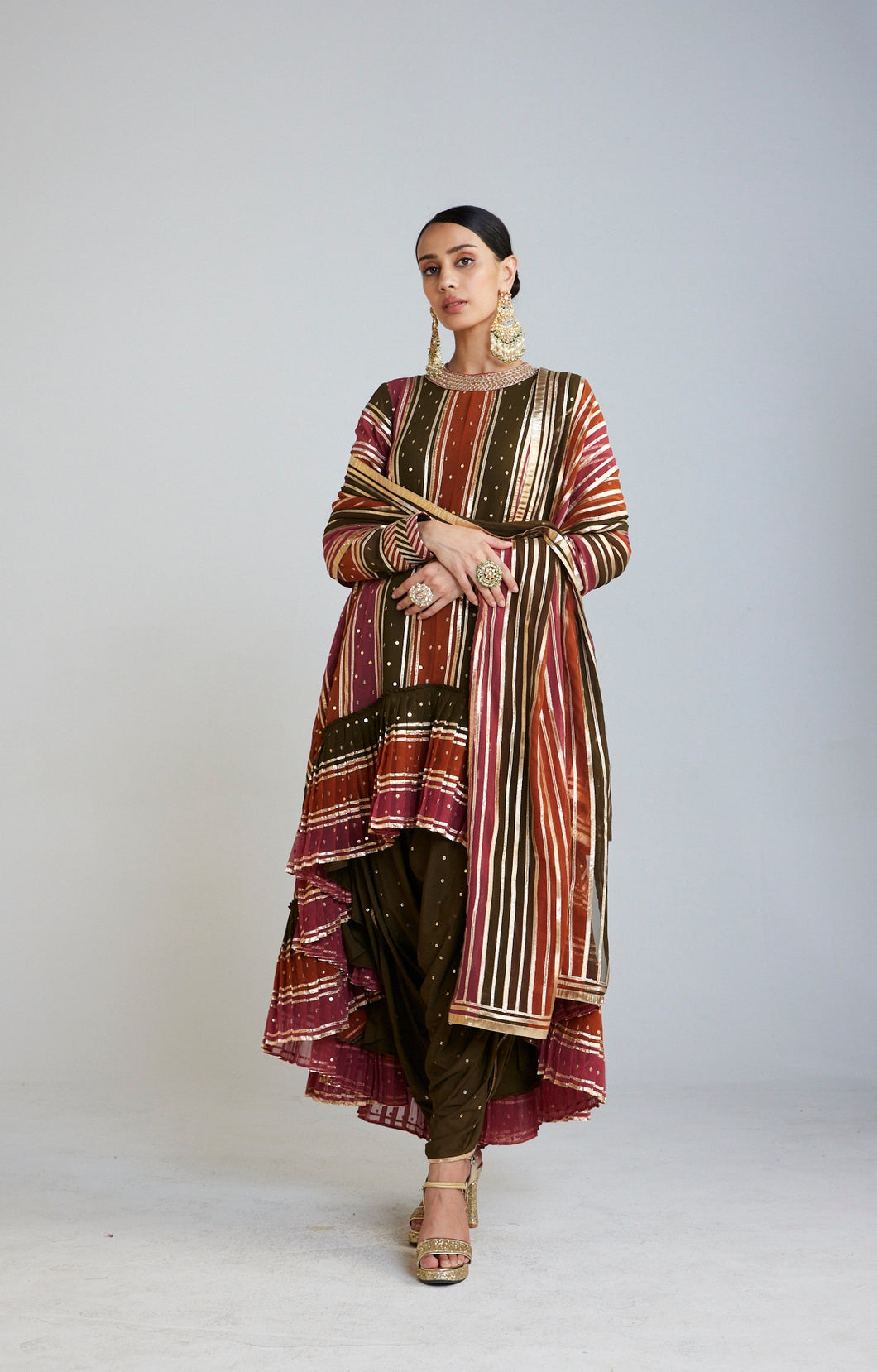 Olive Green Asymmetrical Kurta Dhoti Set