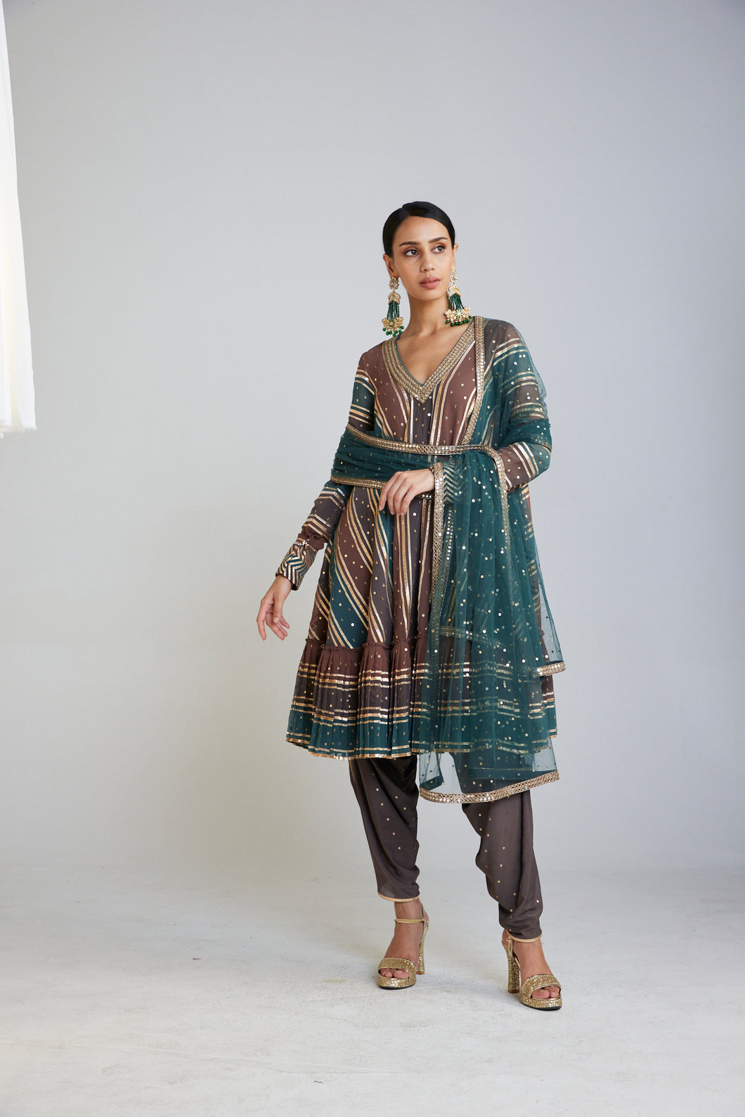 Mud Green V Neck Dhoti Kurta Set