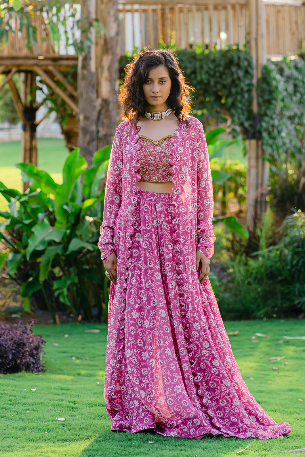 Mauve Printed & Embroidered Long jacket & pallazo pants Set