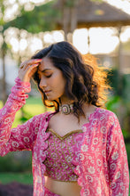Load image into Gallery viewer, Mauve Printed &amp; Embroidered Long jacket &amp; pallazo pants Set
