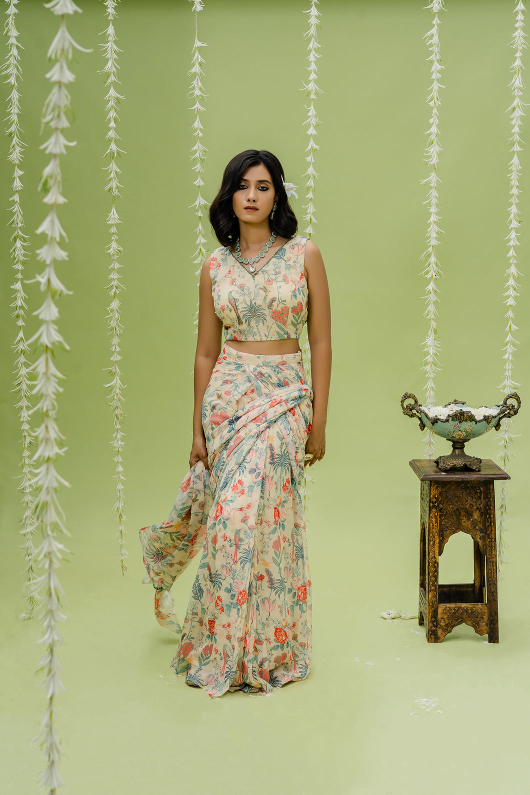 Off White Printed Embroidered Saree Set