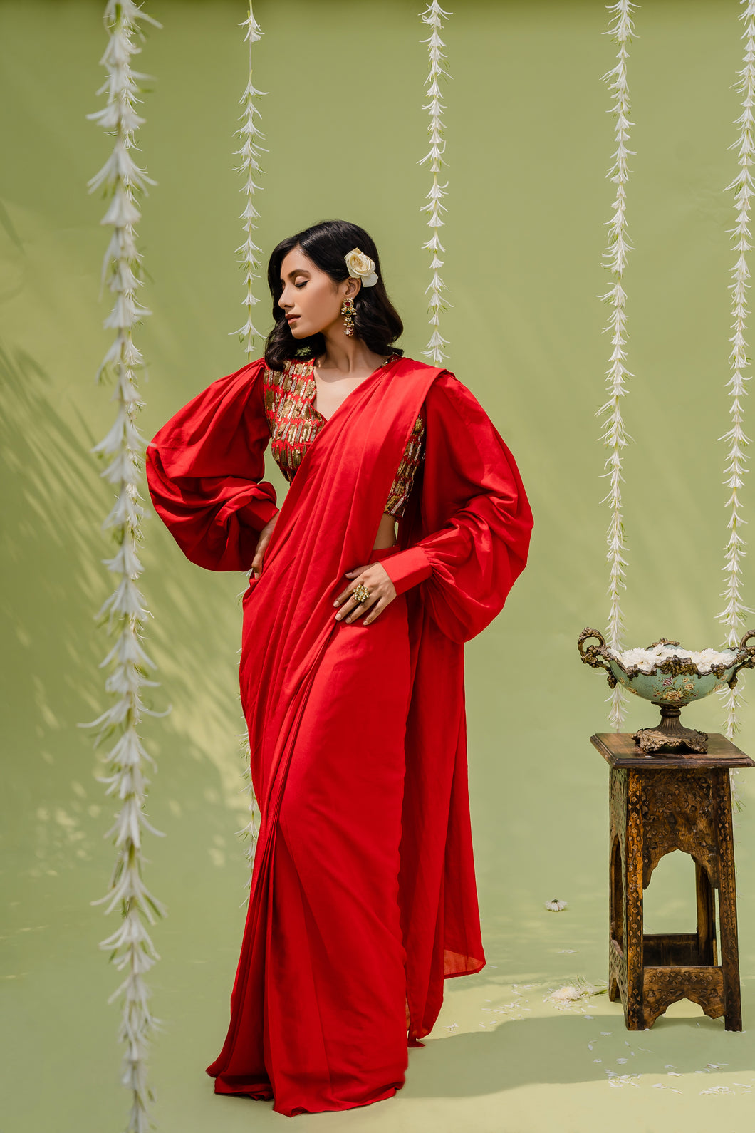 Red Embroidered Drape Saree