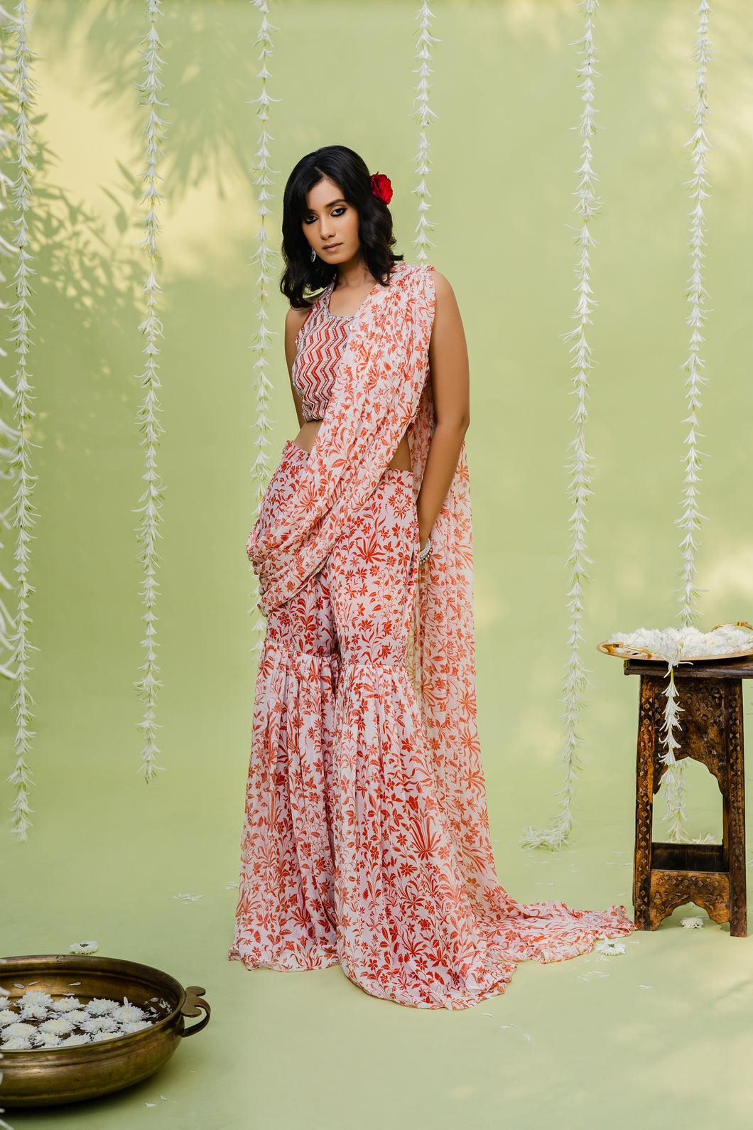 Reddish Orange Embroidered Sharara Saree Set