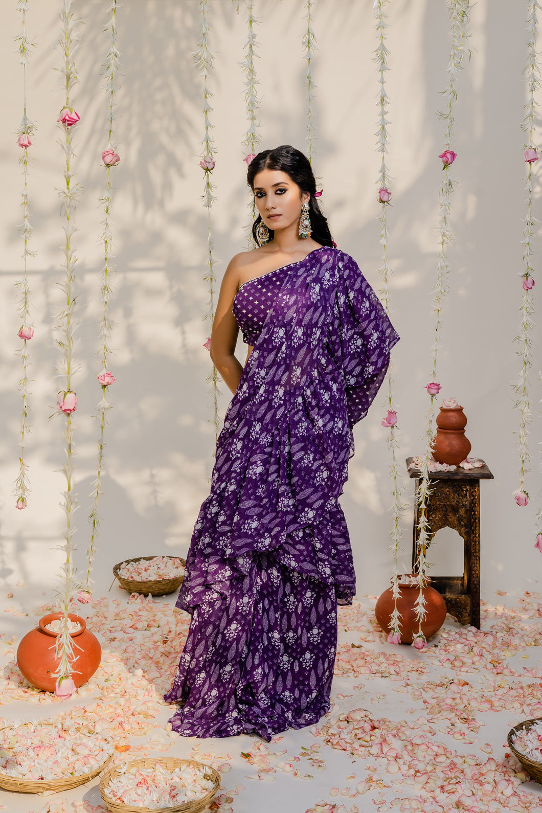 Purple Printed Embroidered Saree Set