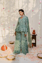 Load image into Gallery viewer, Olive Green Embroidered Peplum Sharara Set
