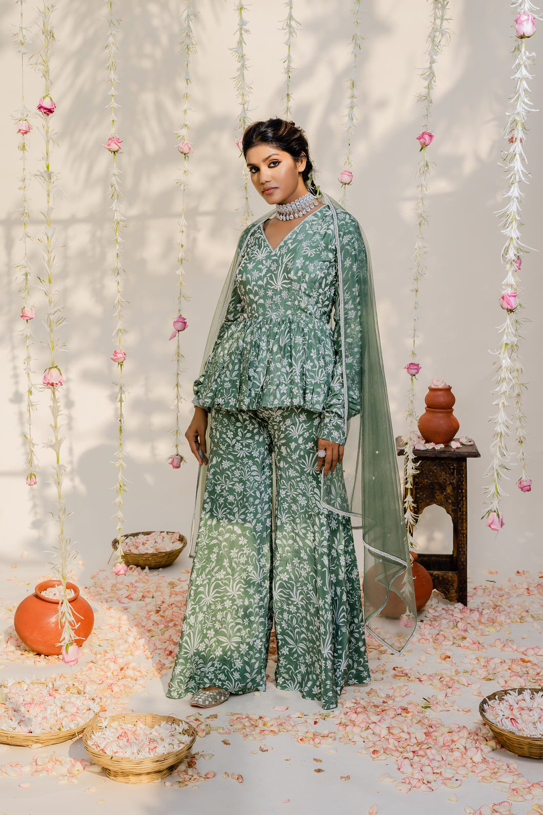 Olive Green Embroidered Peplum Sharara Set