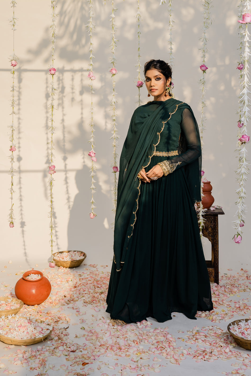 Bottle Green Embroidered Anarkali Set