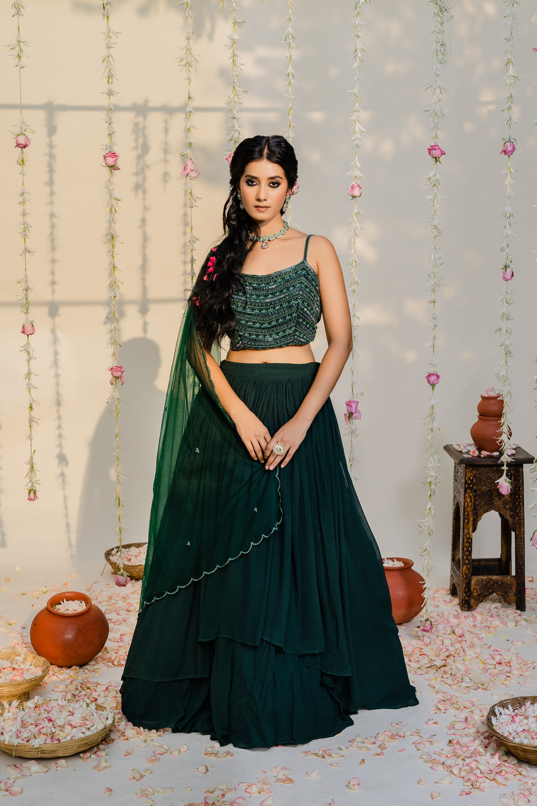 Bottle Green Embroidered Lehenga Set