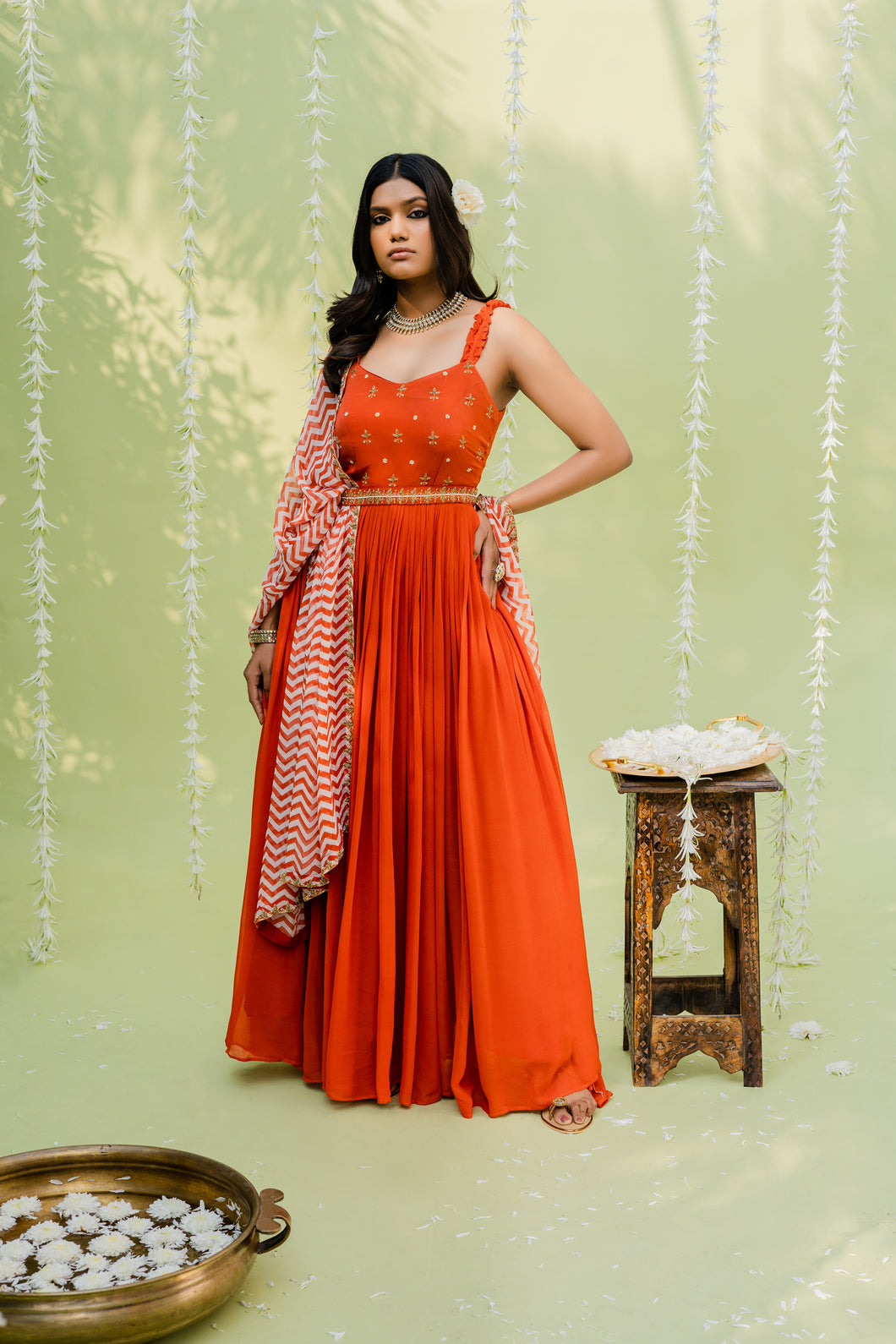 Reddish Orange Embroidered Anarkali Set