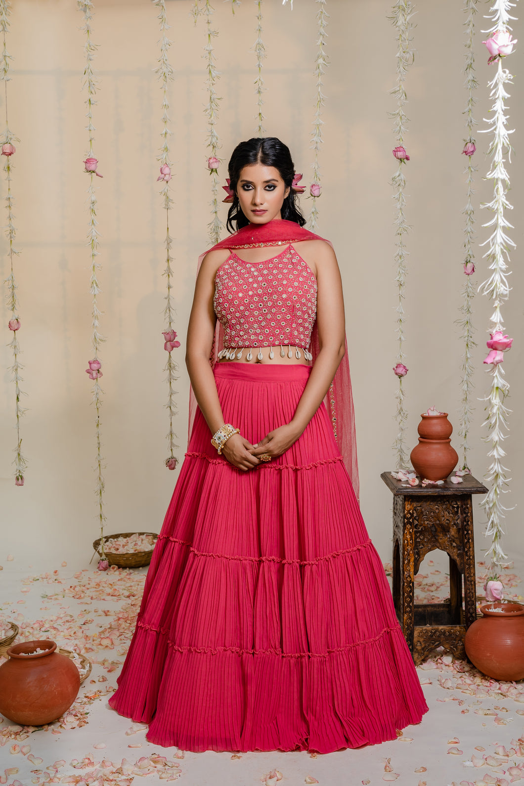 Fuschia Pink Pleated Embroidered Lehenga Set