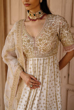 Load image into Gallery viewer, Nafees - Daisy Ivory Kalidaar Anarkali Set with Palazzo &amp; Dupatta
